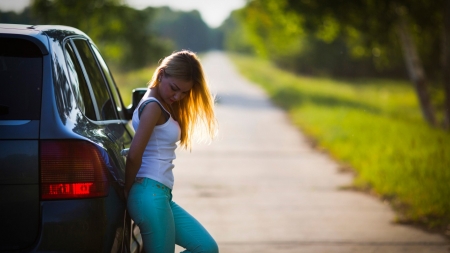 The Road, The Car & The Girl - woman, girls, beauty, female, jeans, hair, chraming, road, model, car, pretty, seductive girl, attraction, style, sexy, thigh, fashion, lovely, structure, beautiful, outfit, dress, blonde