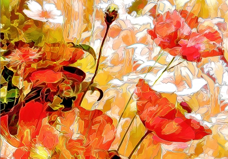 Flowers - pictura, poppy, white, yellow, red, painting, flower