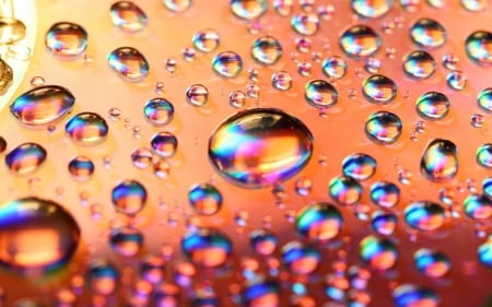 Water drops - rainbow, blue, water drops, macro, orange, pink