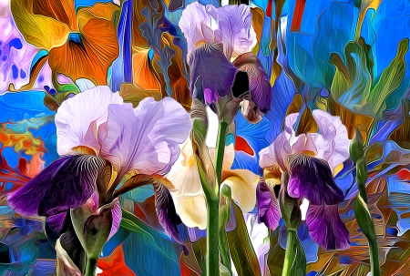 Irises - flower, purple, iris, blue, art, pictura, orange, painting, green