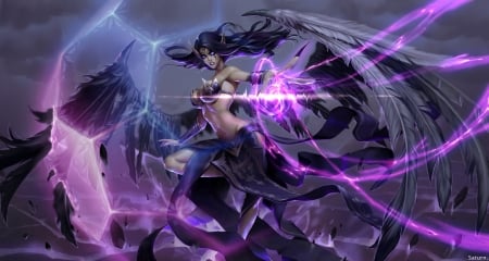 Morgana - leagues of legends, pretty, videogames, female, magic, beautiful, dark angel, lovely, dark, glow, black, lady, purple, woman, wings