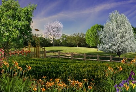 Summer in the Park - bird, robin, flowers, gate, sky, fence, clouds, trees, park