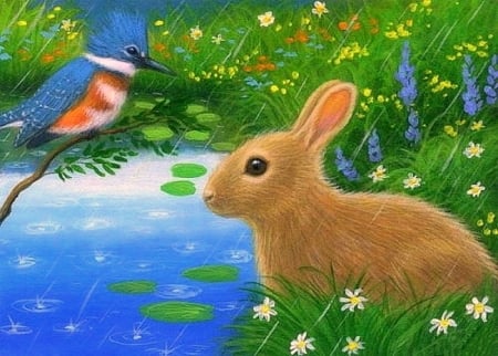 The Wet Together - rainy season, animals, draw and paint, bird, rabbit, love four season, flowers, paintings, pond, garden