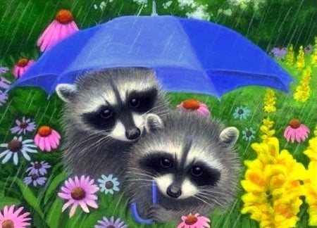 Under Blue Umbrella - rainy season, animals, draw and paint, raccoons, love four season, umbrella, blue, flowers, paintings, garden