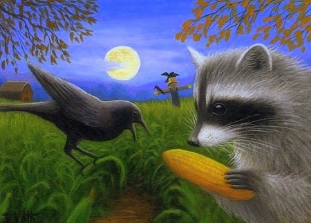 Moonlight Harvest - raccoons, corns, paintings, scarecrow, harvest, colors, fall, moons, autumn, love four season, crows, draw and paint, animals