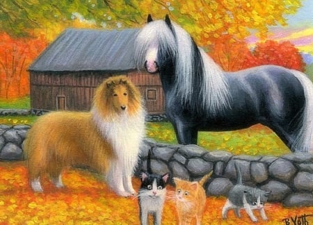 Baby Sitting - autumn, kittens, draw and paint, animals, love four seasons, fall, horse, dog, cats, paintings, colors