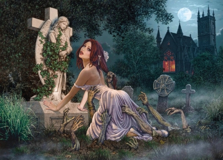 Halloween's Night - nice, woman, tombe, female, girl, fantasy, halloween, art, zombies, pretty, beautiful, digital, grave