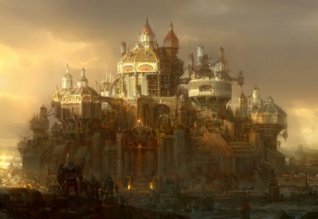 Golden castle - art, yellow, castle, golden, fantasy