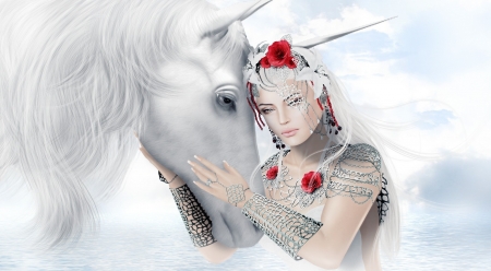 Pure thoughts - woman, beauty, rendering, girl, magical, fantasy, pure, white, horse, red, unicorn