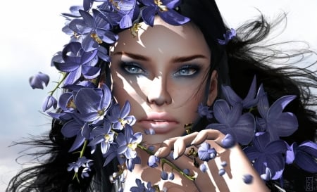 Beauty - face, flower, rendering, purple, beauty, brunette, girl, fantasy, orchid, hand, blue eyes, woman