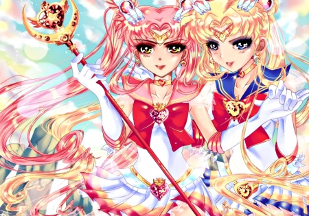 Chibi Moon and Sailor Moon - couple, girl, chibi moon, sailor moon, white, chibiusa, pink, blue, anime, manga, blonde