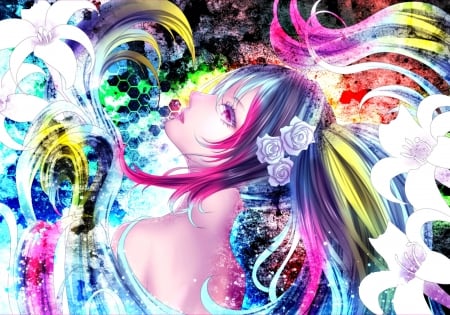 Hatsune Miku - anime, vocaloid, blue, girl, hatsune miku, flower, pink, manga, white, yusuke