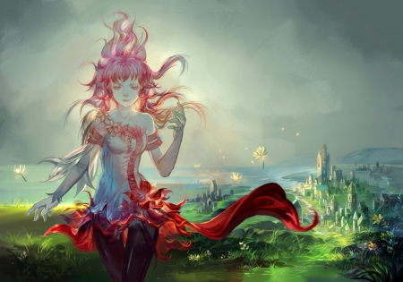 girl - girl, fantasy, art, pink, castle, red, afra, green, anime, pixiv fantasia, manga, flower