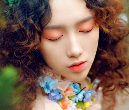 Beauty - face, summer, flower, make-up, beauty, girl, blue, orange, asian, woman