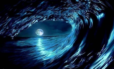 Moonlit Wave - Moon, Ocean, Beautiful, Wave, Blue