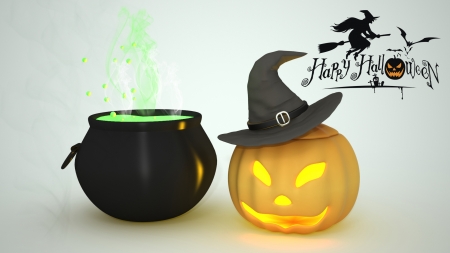 Happy Halloween! - pot, hat, yellow, pumpkin, pink, witch, black, halloween, card