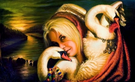 Swan Lady - swans, water, woman, digital, artwork