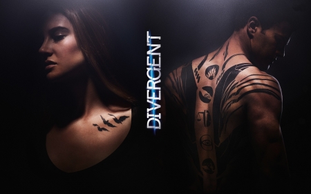 Divergent (2014) - woman, movie, tris, black, fantasy, poster, tattoo, shailene woodley, man, four, divergent, love, theo james, actress, couple, girl, actor