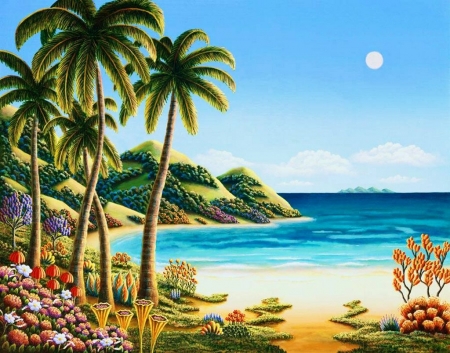 Exotic Beach - flowers, digital, artwork, plants, palmtrees, ocean