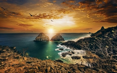 Twin Brothers,Brazil - rocks, ocean, sky, clouds, trees, sunset, sea, nature, birds