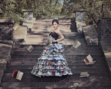 Beauty in Stairs - stairs, books, woman, model