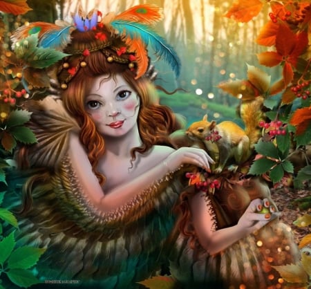 La belle d automne - photomanipulation, girls, lady, autumn, feathers, fantasy, creative pre-made, love four seasons, art, weird things people wear, digital art, fall season