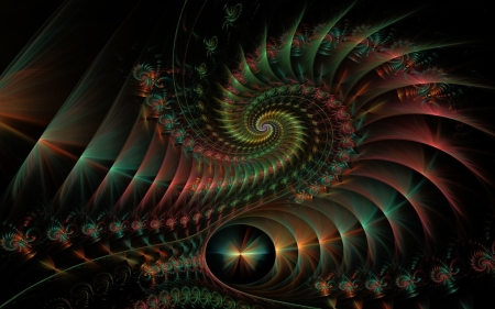 Fractals - abstract, spiral, dark, black, red, green, texture, fractal, luminos