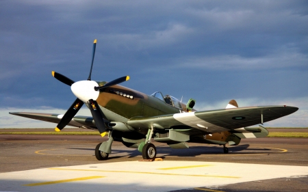 vintage spitfire on the tarmac - tarmac, vintage, prop, plane, military