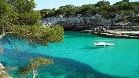 beautiful clear hidden cove - trees, cove, inlet, boat, sea, rocks