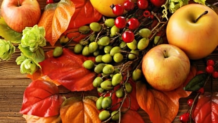 Happy Autumn! - autumn, eaf, red, orange, green, apple, fruit