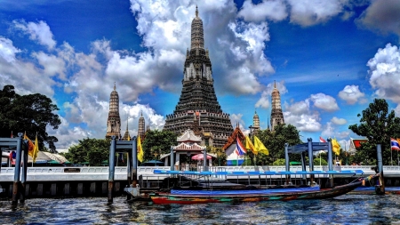 wonderful temple by the waterfront - tample, boat, waterfront, pagoda, sky