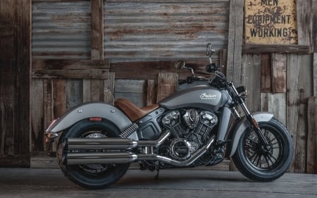 beautiful gray indian scout motorcycle - gray, motorcycle, sign, warehouse