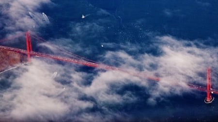 the golden gate bridge under the clouds - clouds, boats, view, sea, bridge, bay