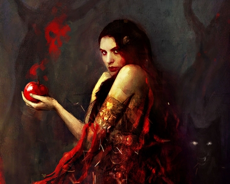 The skull - sorceress, wolf, girl, the skull, dark, deharme, witch, black, fantasy, red, woman, apple, art