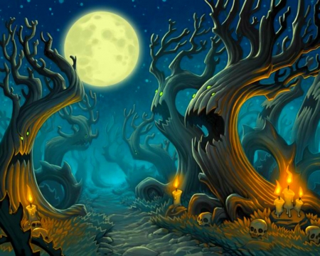 Deep in the Hallow - skuls, moon, trees, Halloween, art