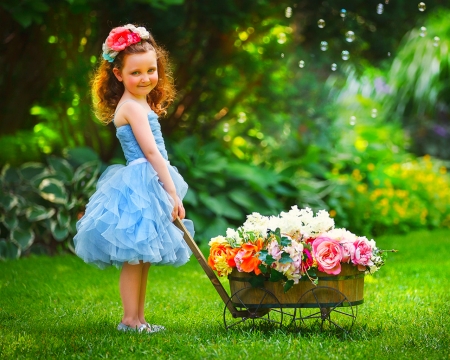 Cute Girl - flowers, cute, cart, child