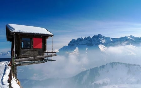 cabin overhanging a mountain edge - snow, clouds, overhang, cabin, mountains