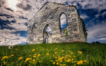 ruined church in rivire la guerre quebec canada - hill, sky, church, ruins, flowers, grass