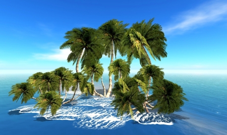 Island - sky, palm trees, rendering, island, sea