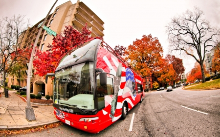 american bus in fisheye - street, fisheye, autumn, bus, city, flag