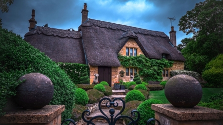 Cotswold Cottage - cottage, england, trees, landscape, path, lawn, beautiful, fairy tale, architecture, shrubs, garden