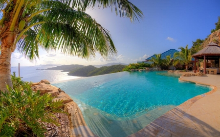 Infinity Pool - swimming pool, water, summer, beautiful, palm trees, sea, resort, mountains