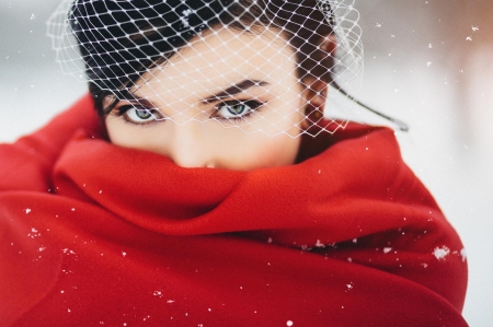 Red - red, winter, beauty, model, veil, scarf, girl, blue eyes, woman, snow