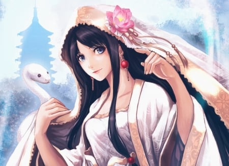 Beauty - girl, bride, asian, white, snake, blue, pink, anime, temple, manga, flower