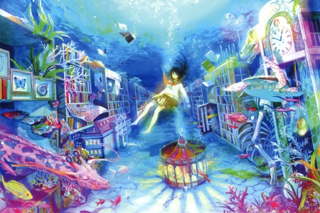 Underwater world - anime, fuji chocko, blue, girl, pink, manga, underwater world, giraffa, fish