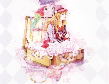 Dreaming - hat, bird, anime, girl, parrot, pink, voyage, manga, drawing, jun mao, suitcase, art