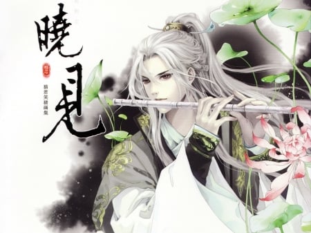 Serenity song - anime, pink, man, lily, manga, fantasy, instrument, white, green, jun mao, flute, art, song, asian