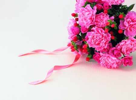 Pink bouquet - white, card, flower, ribbon, pink, bouquet