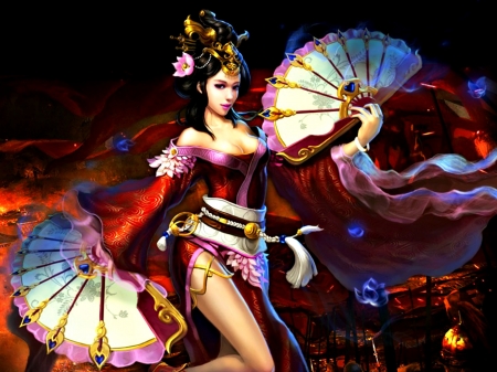 Fantasy girl - woman, beauty, fan, girl, asian, game, red, pink, blue, flower