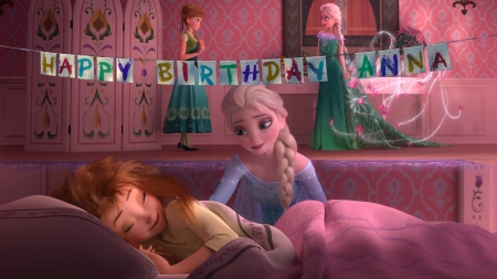 Frozen Fever (2015) - anime, frozen fever, girl, blonde, pink, snow queen, birthday, fantasy, anna, sister, movie, elsa, disney